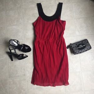 Sleeveless Red & Black Beaded & Pleated Dress